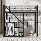 Lit mezzanine double avec escalier pour enfants, Lits superposés en métal avec petite armoire, Cadre de lit haut avec maille décorative