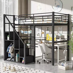Lit mezzanine double avec escalier pour enfants, Lits superposés en métal avec petite armoire, Cadre de lit haut avec maille décorative