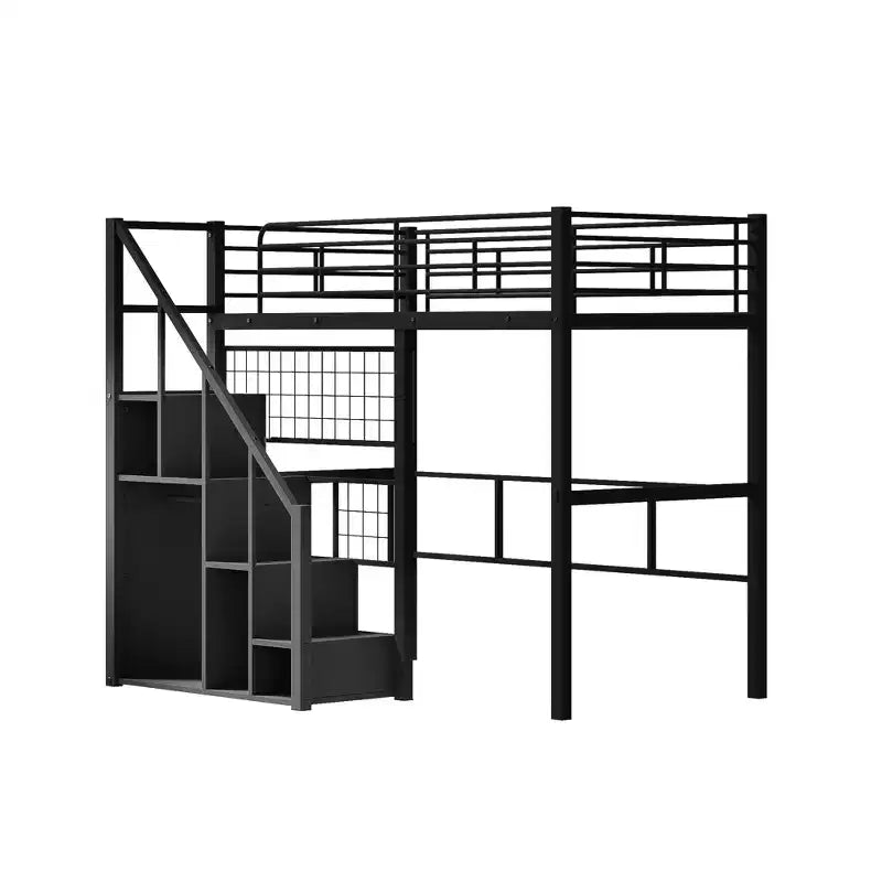 Lit mezzanine double avec escalier pour enfants, Lits superposés en métal avec petite armoire, Cadre de lit haut avec maille décorative