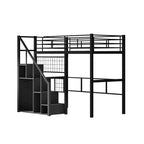 Lit mezzanine double avec escalier pour enfants, Lits superposés en métal avec petite armoire, Cadre de lit haut avec maille décorative