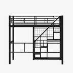 Lit mezzanine double avec escalier pour enfants, Lits superposés en métal avec petite armoire, Cadre de lit haut avec maille décorative
