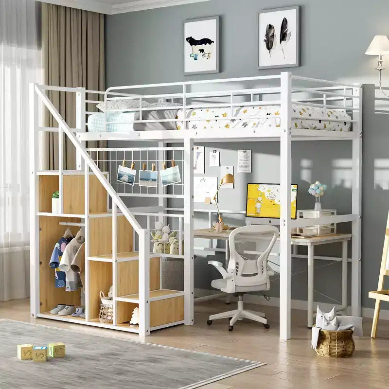 Lit mezzanine double avec escalier pour enfants, Lits superposés en métal avec petite armoire, Cadre de lit haut avec maille décorative