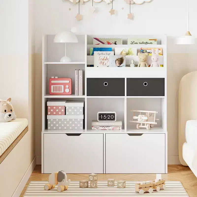 Meuble de rangement pour jouets 47.8 Bibliothèque enfant avec tiroirs, étagère moderne en bois avec casiers et meuble de rangement au sol, coffre à jouets