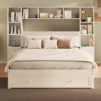 GDFStudio Polly Queen Size Pine Wood Platform Bed with Nightstands and Bookcase Cabinet