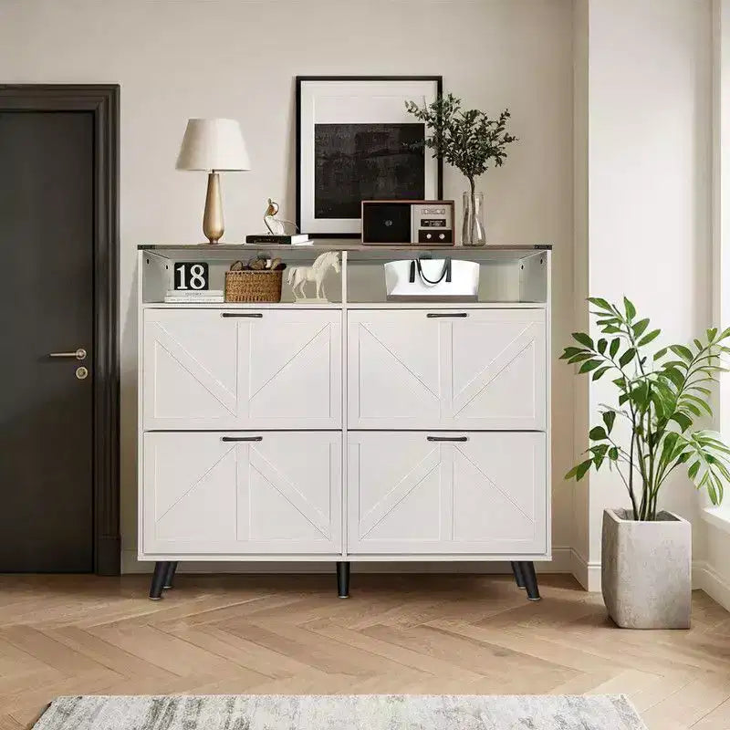 Meuble à chaussures, organisateur de chaussures de style ferme avec 4 tiroirs basculants et rangement ouvert, étagère à chaussures étroite et autonome pour entrée, couloir