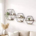Étagères murales hexagonales modernes pour la décoration intérieure - Rangement en bois avec cadre en métal pour l'affichage de bureau - Ensemble de 3, 22, 21, 19