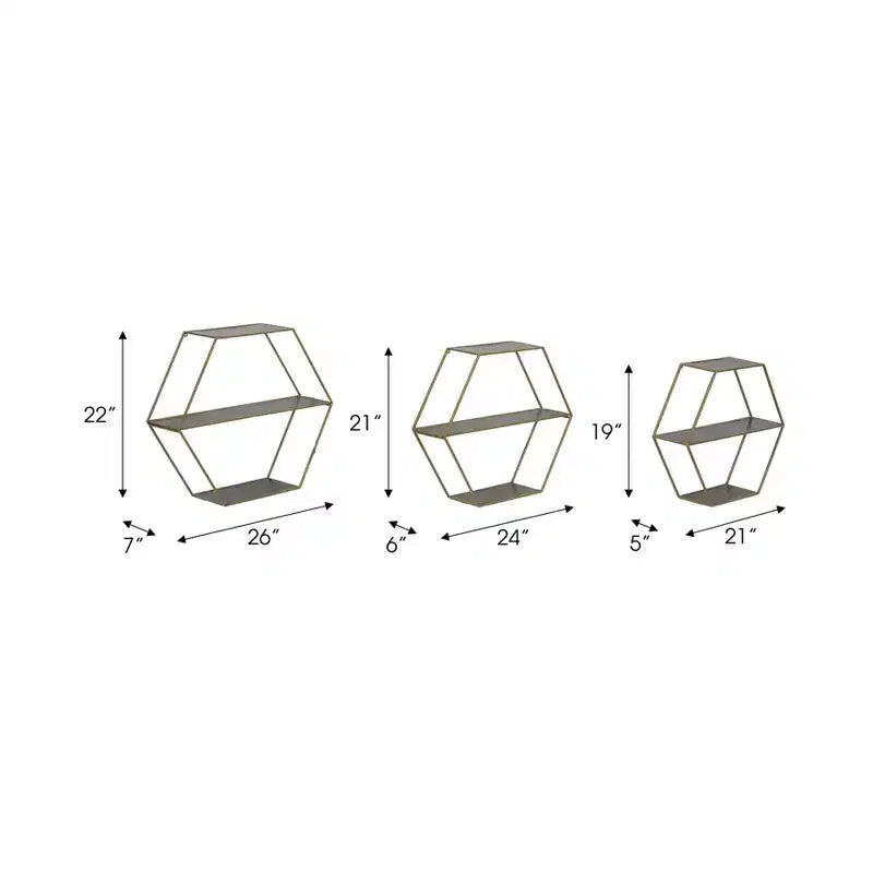 Étagères murales hexagonales modernes pour la décoration intérieure - Rangement en bois avec cadre en métal pour l'affichage de bureau - Ensemble de 3, 22, 21, 19