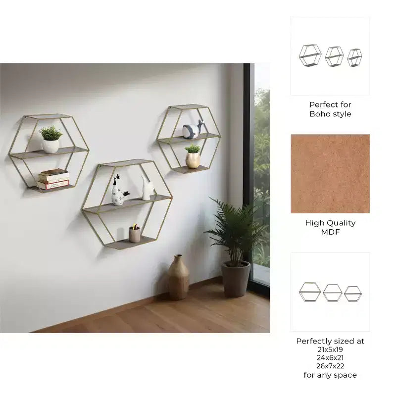 Étagères murales hexagonales modernes pour la décoration intérieure - Rangement en bois avec cadre en métal pour l'affichage de bureau - Ensemble de 3, 22, 21, 19