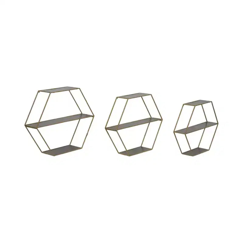 Étagères murales hexagonales modernes pour la décoration intérieure - Rangement en bois avec cadre en métal pour l'affichage de bureau - Ensemble de 3, 22, 21, 19
