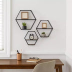 Étagères murales hexagonales modernes pour la décoration intérieure - Rangement en bois avec cadre en métal pour l'affichage de bureau - Ensemble de 3, 22, 21, 19