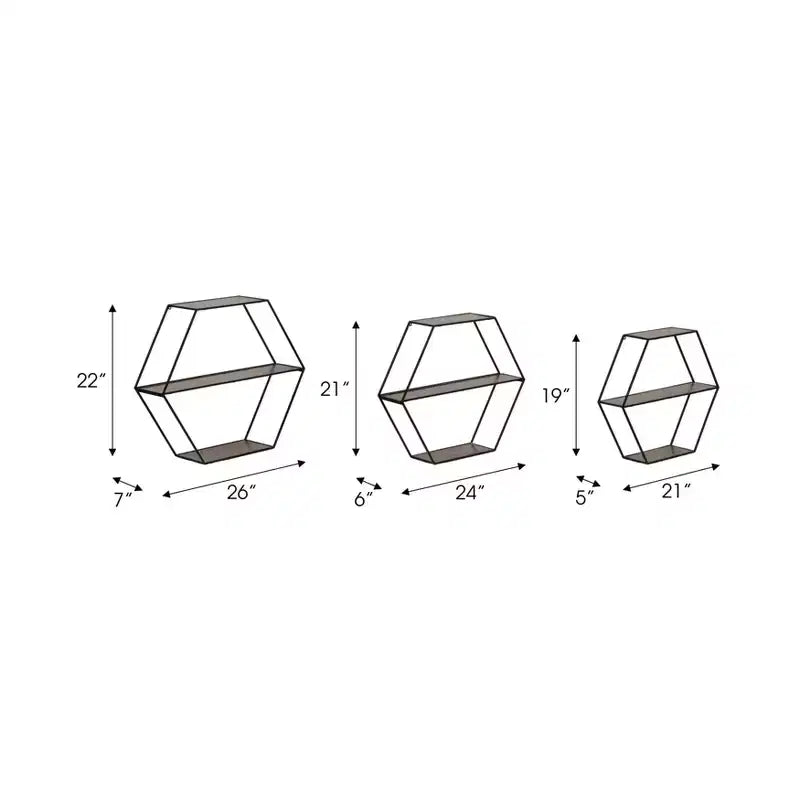 Étagères murales hexagonales modernes pour la décoration intérieure - Rangement en bois avec cadre en métal pour l'affichage de bureau - Ensemble de 3, 22, 21, 19