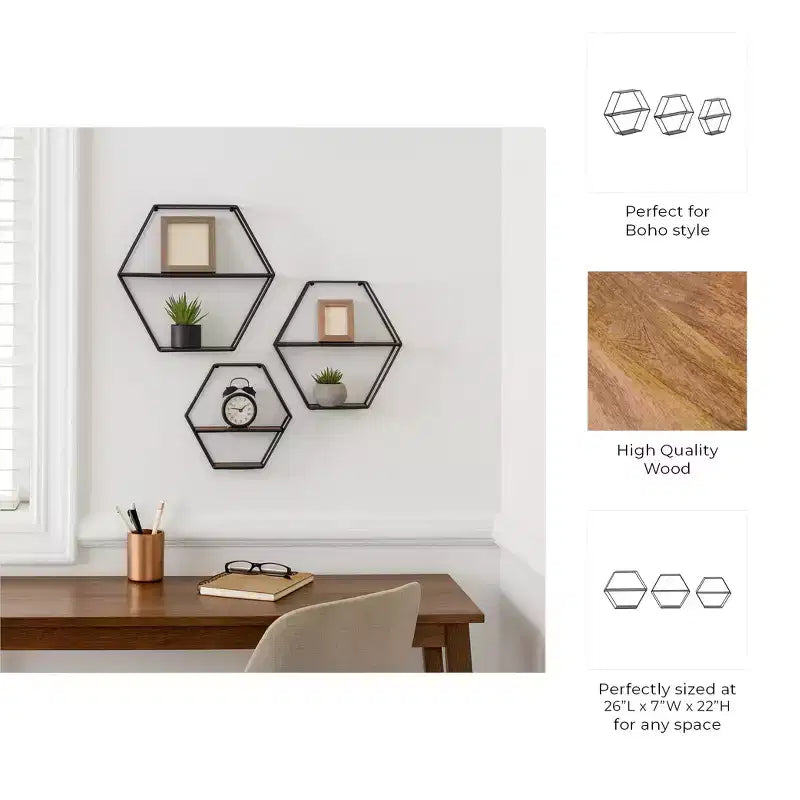 Étagères murales hexagonales modernes pour la décoration intérieure - Rangement en bois avec cadre en métal pour l'affichage de bureau - Ensemble de 3, 22, 21, 19
