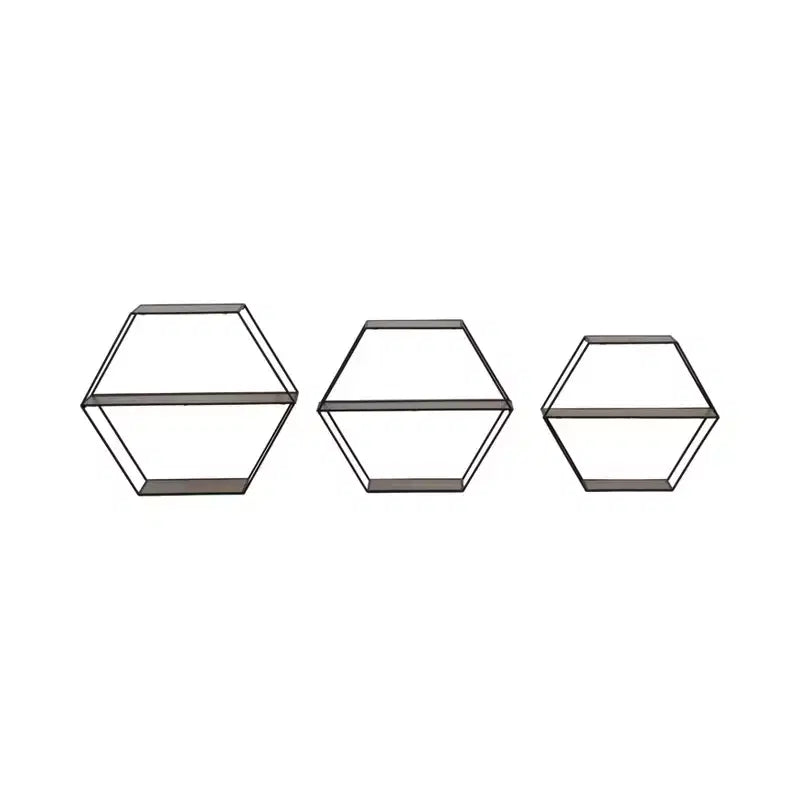 Étagères murales hexagonales modernes pour la décoration intérieure - Rangement en bois avec cadre en métal pour l'affichage de bureau - Ensemble de 3, 22, 21, 19