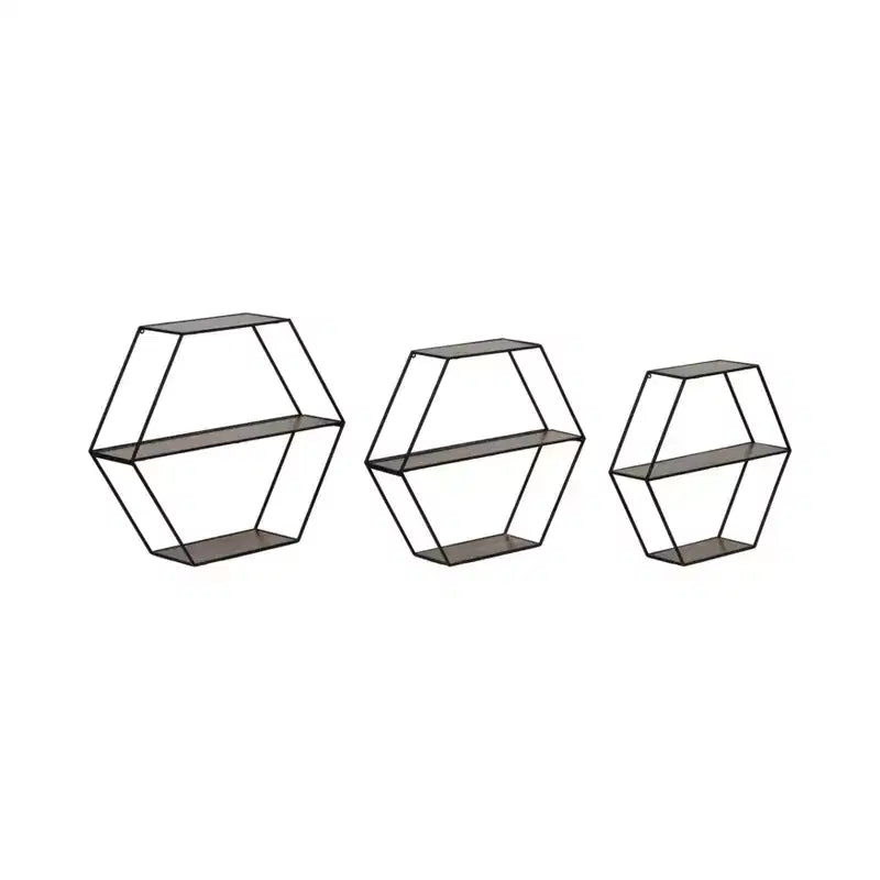 Étagères murales hexagonales modernes pour la décoration intérieure - Rangement en bois avec cadre en métal pour l'affichage de bureau - Ensemble de 3, 22, 21, 19