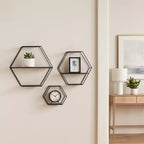 Modern Hexagon Wall Mounted Shelves for Home Decor - Wood with Metal Frame Storage Organizer for Office Display - Set of 3, 22, 21, 19