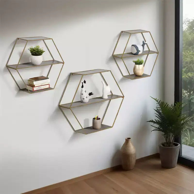 Étagères murales hexagonales modernes pour la décoration intérieure - Rangement en bois avec cadre en métal pour l'affichage de bureau - Ensemble de 3, 22, 21, 19