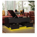 LED Lift Top High Gloss Coffee Table With Charging Station 2 Storage Drawers & Open Shelf For Living Room Organizer Modern Design