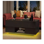 Table basse relevable LED laquée avec station de recharge, 2 tiroirs de rangement et étagère ouverte pour salon, design moderne