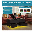 Table basse relevable LED laquée avec station de recharge, 2 tiroirs de rangement et étagère ouverte pour salon, design moderne