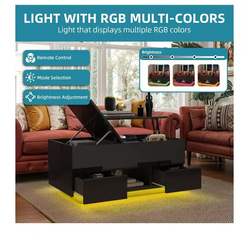 Table basse relevable LED laquée avec station de recharge, 2 tiroirs de rangement et étagère ouverte pour salon, design moderne