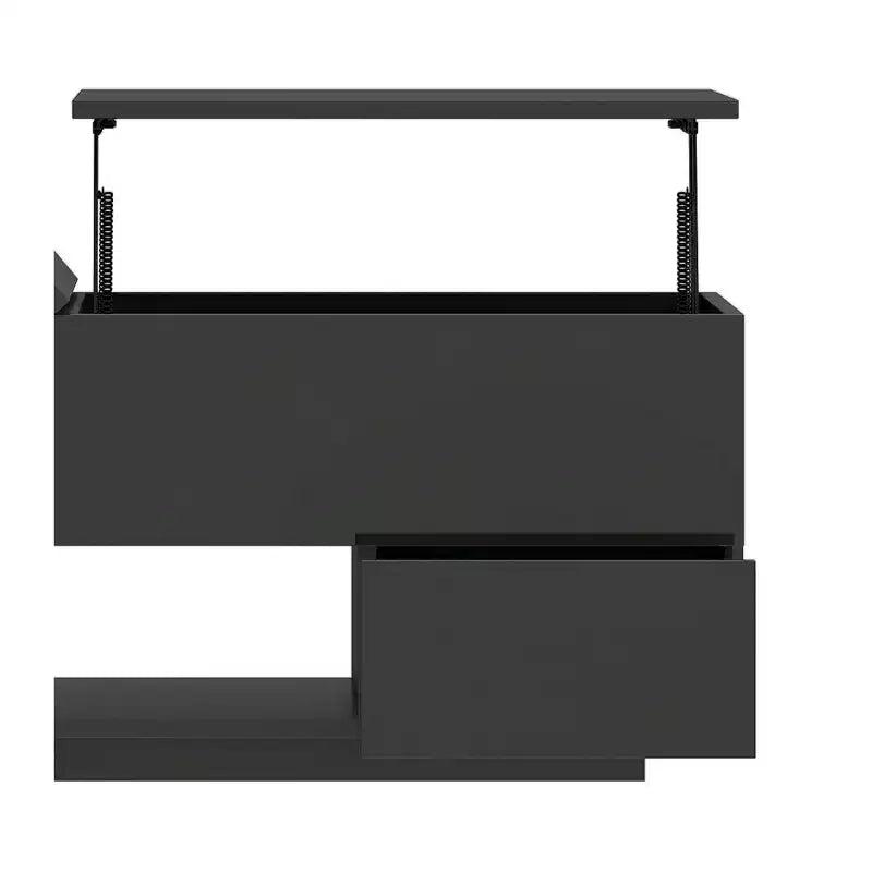 Table basse relevable LED laquée avec station de recharge, 2 tiroirs de rangement et étagère ouverte pour salon, design moderne