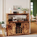 55 Armoire de bar à café de ferme noire - Prise de courant et lumière LED, porte coulissante de grange, casier à vin de 12 bouteilles, tiroirs à 2 niveaux