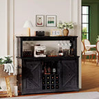 55 Armoire de bar à café de ferme noire - Prise de courant et lumière LED, porte coulissante de grange, casier à vin de 12 bouteilles, tiroirs à 2 niveaux