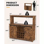 55 Armoire de bar à café de ferme noire - Prise de courant et lumière LED, porte coulissante de grange, casier à vin de 12 bouteilles, tiroirs à 2 niveaux