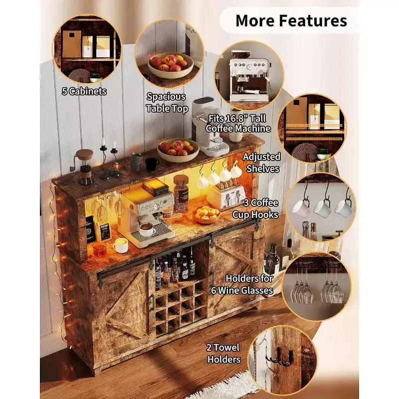 55 Armoire de bar à café de ferme noire - Prise de courant et lumière LED, porte coulissante de grange, casier à vin de 12 bouteilles, tiroirs à 2 niveaux