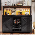 55 Black Farmhouse Coffee Bar Cabinet - Power Outlet & LED Light, Sliding Barn Door, 12-Bottle Wine Rack, 2-Tier Drawers
