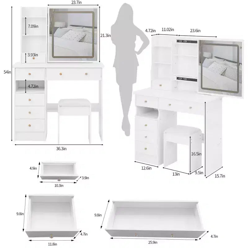 Coiffeuse avec miroir lumineux et tabouret, petite taille, cadeau de Noël, blanc