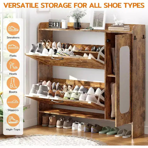 40.51 Armoire à chaussures avec 2 tiroirs basculants et placard latéral, étagère à chaussures organisatrice avec miroir et étagères réglables, marron foncé