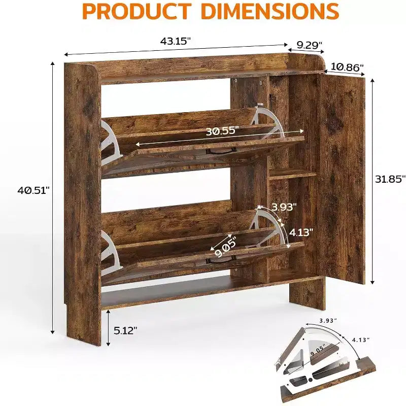 40.51 Armoire à chaussures avec 2 tiroirs basculants et placard latéral, étagère à chaussures organisatrice avec miroir et étagères réglables, marron foncé