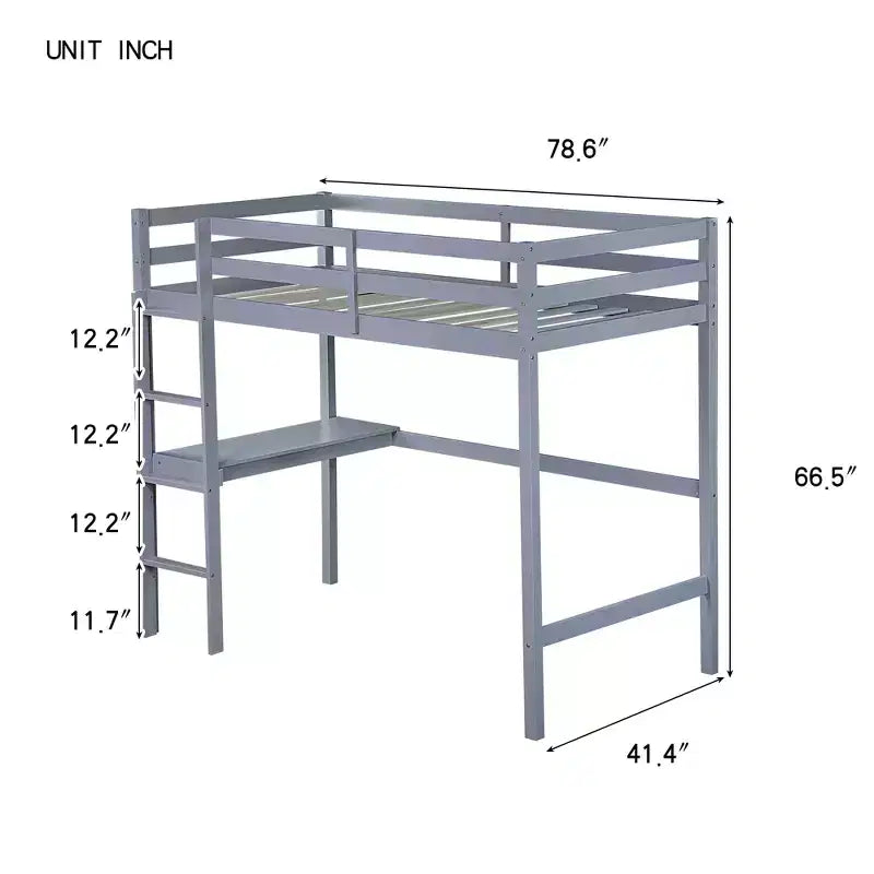Lit superposé mezzanine avec bureau, lit mezzanine pour enfants, garçons, filles, cadre de lit mezzanine en bois, bureau et échelle intégrés, bois de caoutchouc gris