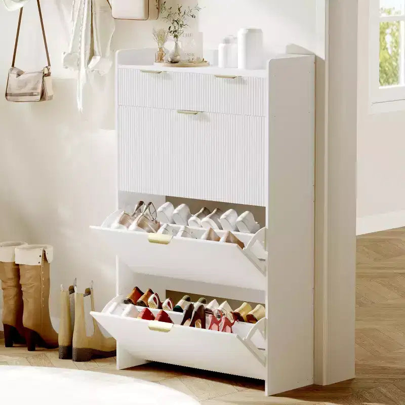 Meuble à chaussures fin avec 3 tiroirs basculants et 2 petits tiroirs, organisateur de rangement de chaussures dissimulé autoportant pour entrée, couloir, salon