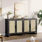 Natural Rattan 4-Door Sideboard Buffet Cabinet, Entryway Console Table, Coffee Bar, and Storage Buffet for Dining Room, Kitchen, and Living Room