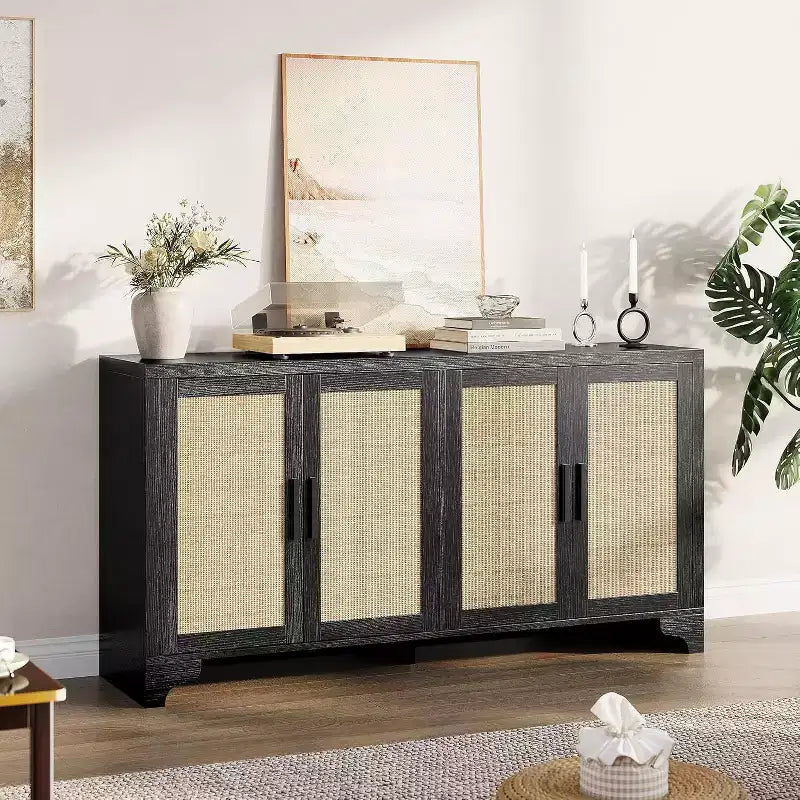 Natural Rattan 4-Door Sideboard Buffet Cabinet, Entryway Console Table, Coffee Bar, and Storage Buffet for Dining Room, Kitchen, and Living Room