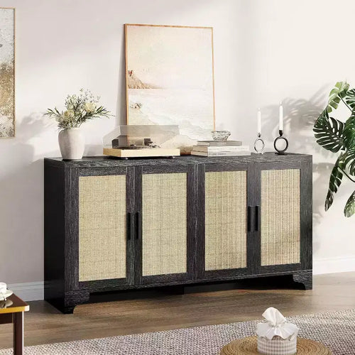 Natural Rattan 4-Door Sideboard Buffet Cabinet, Entryway Console Table, Coffee Bar, and Storage Buffet for Dining Room, Kitchen, and Living Room