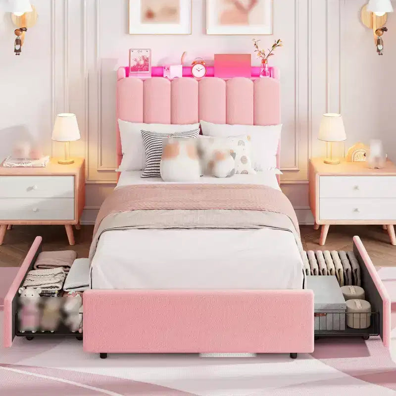 Twin Size Bed Frame with Storage Headboard, Upholstered Platform Bed Frame with 2 Drawers, Wooden Slats Support, No Box Spring Required