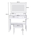 Coiffeuse moderne avec grand miroir et lumières, bureau de rangement avec tiroirs et petit tabouret, ensemble de table de maquillage pour chambres à coucher