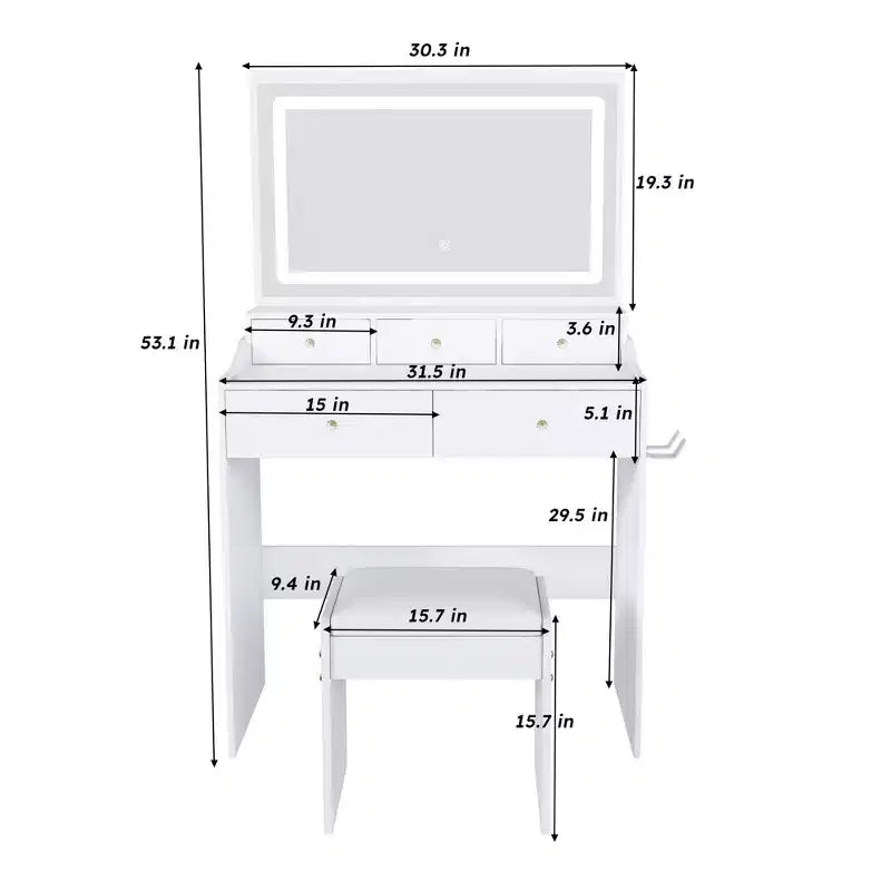 Coiffeuse moderne avec grand miroir et lumières, bureau de rangement avec tiroirs et petit tabouret, ensemble de table de maquillage pour chambres à coucher