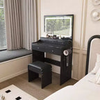 Coiffeuse moderne avec grand miroir et lumières, bureau de rangement avec tiroirs et petit tabouret, ensemble de table de maquillage pour chambres à coucher