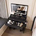 Coiffeuse moderne avec grand miroir et lumières, bureau de rangement avec tiroirs et petit tabouret, ensemble de table de maquillage pour chambres à coucher