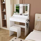 Coiffeuse moderne avec grand miroir et lumières, bureau de rangement avec tiroirs et petit tabouret, ensemble de table de maquillage pour chambres à coucher