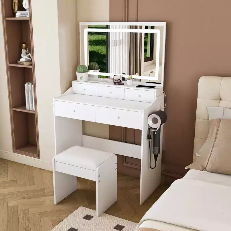 Coiffeuse moderne avec grand miroir et lumières, bureau de rangement avec tiroirs et petit tabouret, ensemble de table de maquillage pour chambres à coucher