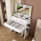 Coiffeuse moderne avec grand miroir et lumières, bureau de rangement avec tiroirs et petit tabouret, ensemble de table de maquillage pour chambres à coucher