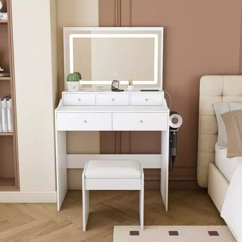 Coiffeuse moderne avec grand miroir et lumières, bureau de rangement avec tiroirs et petit tabouret, ensemble de table de maquillage pour chambres à coucher