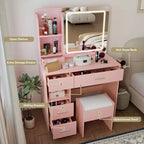 Coiffeuse avec miroir et lumières, coiffeuse à 3 éclairages réglables avec 3 étagères de rangement, 5 grands tiroirs et prise de courant