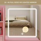 Coiffeuse avec miroir et lumières, coiffeuse à 3 éclairages réglables avec 3 étagères de rangement, 5 grands tiroirs et prise de courant