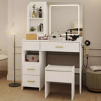 Coiffeuse avec miroir et lumières, coiffeuse à 3 éclairages réglables avec 3 étagères de rangement, 5 grands tiroirs et prise de courant